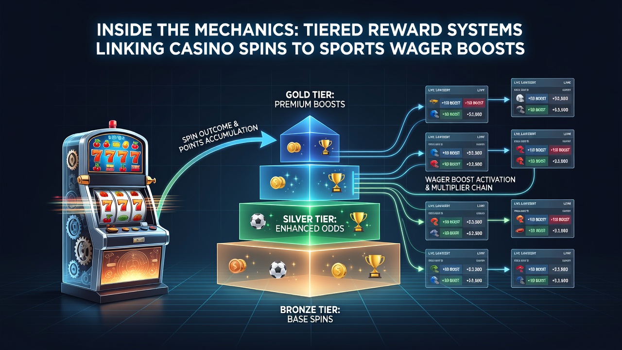 Illustration eines gestaffelten Belohnungssystems mit Casino-Spins und Sportwetten-Boosts in einer mobilen App