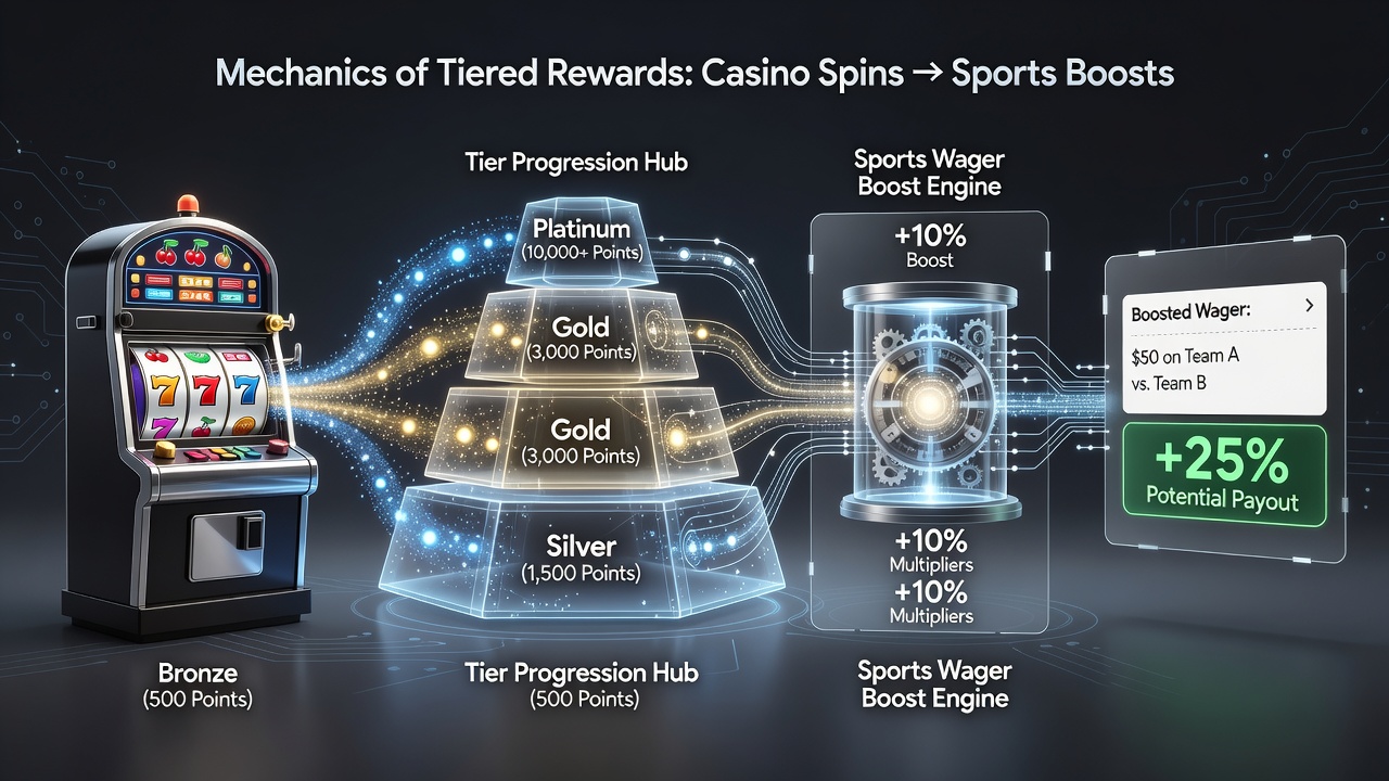 Darstellung von Belohnungsketten zwischen Casino-Modulen und Sportwetten in einer App-Oberfläche