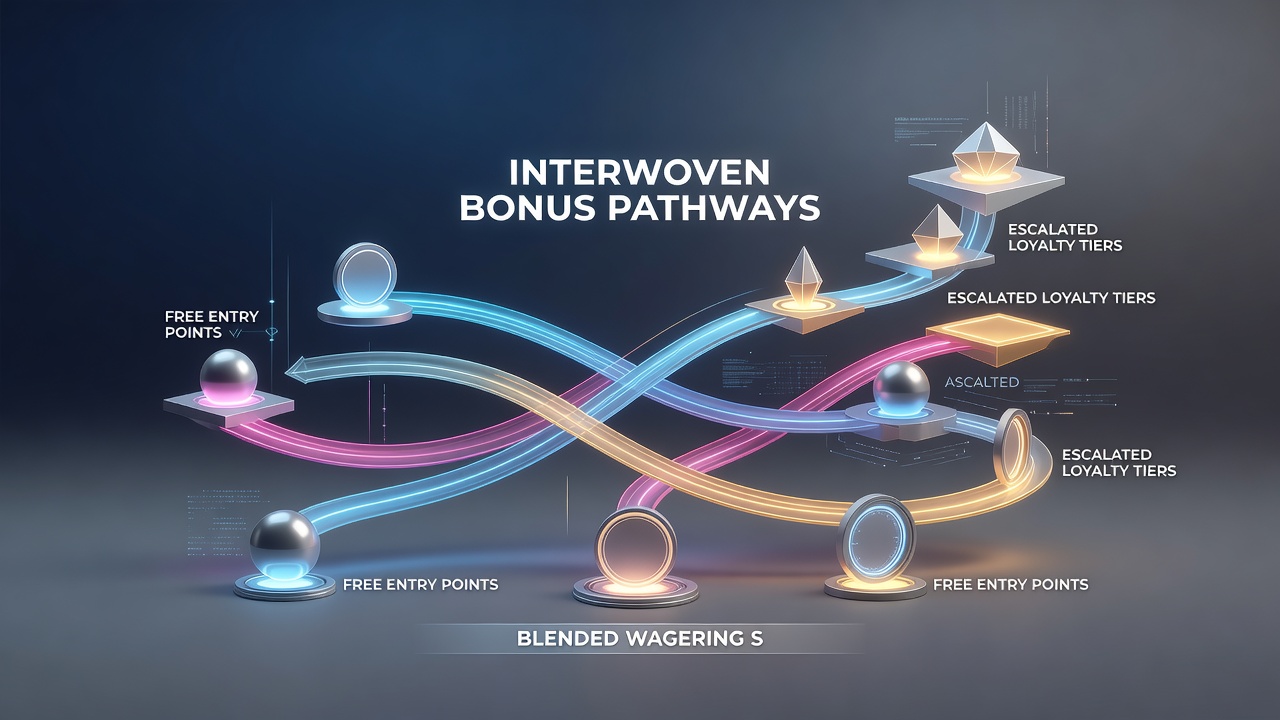 Illustration von Loyalty-Tiers und Bonus-Pfaden mit integrierten Sportwetten- und Casino-Elementen