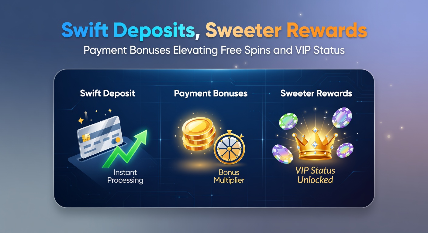 Grafik zeigt blitzschnelle Einzahlungen mit aufsteigenden Free-Spins-Icons und VIP-Kronen, die Belohnungen symbolisieren