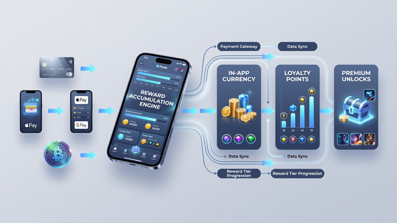Illustration von Aktivitätszyklen in mobilen Hybrid-Apps mit Verknüpfungen zwischen Zahlungen und Belohnungen